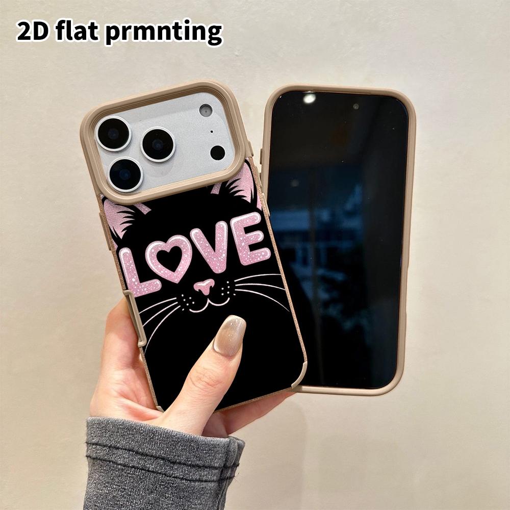 Phone Case: 2D flat lambskin suitable for iPhone 18, 17, 16, 15, 14, 13 Pro film protective case, heart black cat, Christmas and Halloween gift