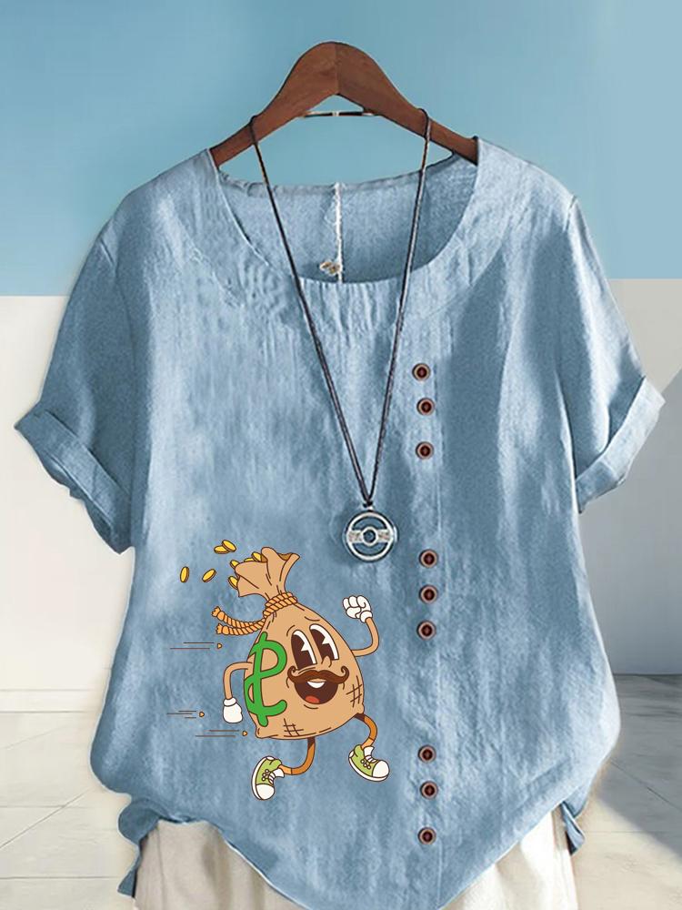 Women's Fashion Human Shaped Money Bag Print Shot Sleeve T-shirt Loose Cotton Shirt Casual Loose Summer Blouse Tops Plus Size