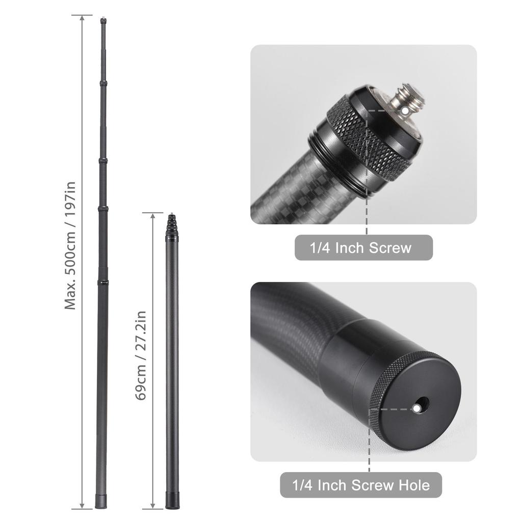 500см 197дюймов Портативный Селфи-стик Углеволоконная Подставка Кронштейн для Камеры Крепление с Винтом 1/4 Дюйма Совместим с GoPro