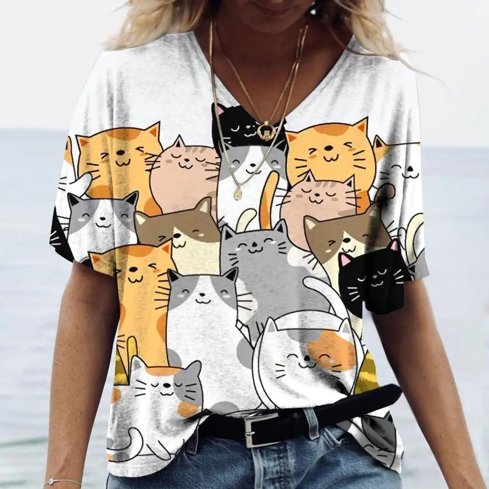 Женская футболка с рисунком котенка, одежда в стиле Харадзюку, летний пуловер с v-образным вырезом для девочек, хлопковые футболки с короткими рукавами, женская повседневная уличная одежда