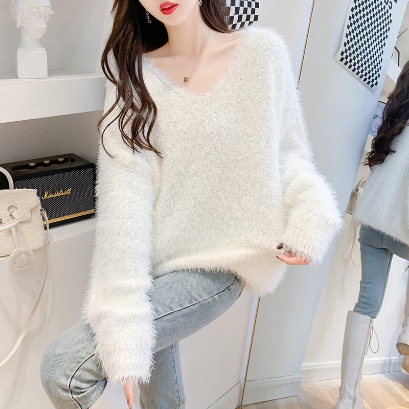Women's Faux Mink V-Neck Pullover Sweater