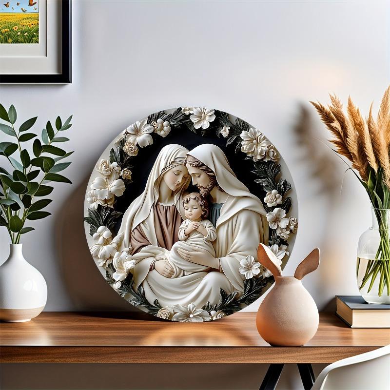 Holy Family Wooden Round Wall Art, Inch Religious Home Decor, Relief Sculpture, Versatile for Living Room, Bedroom, Cafe
