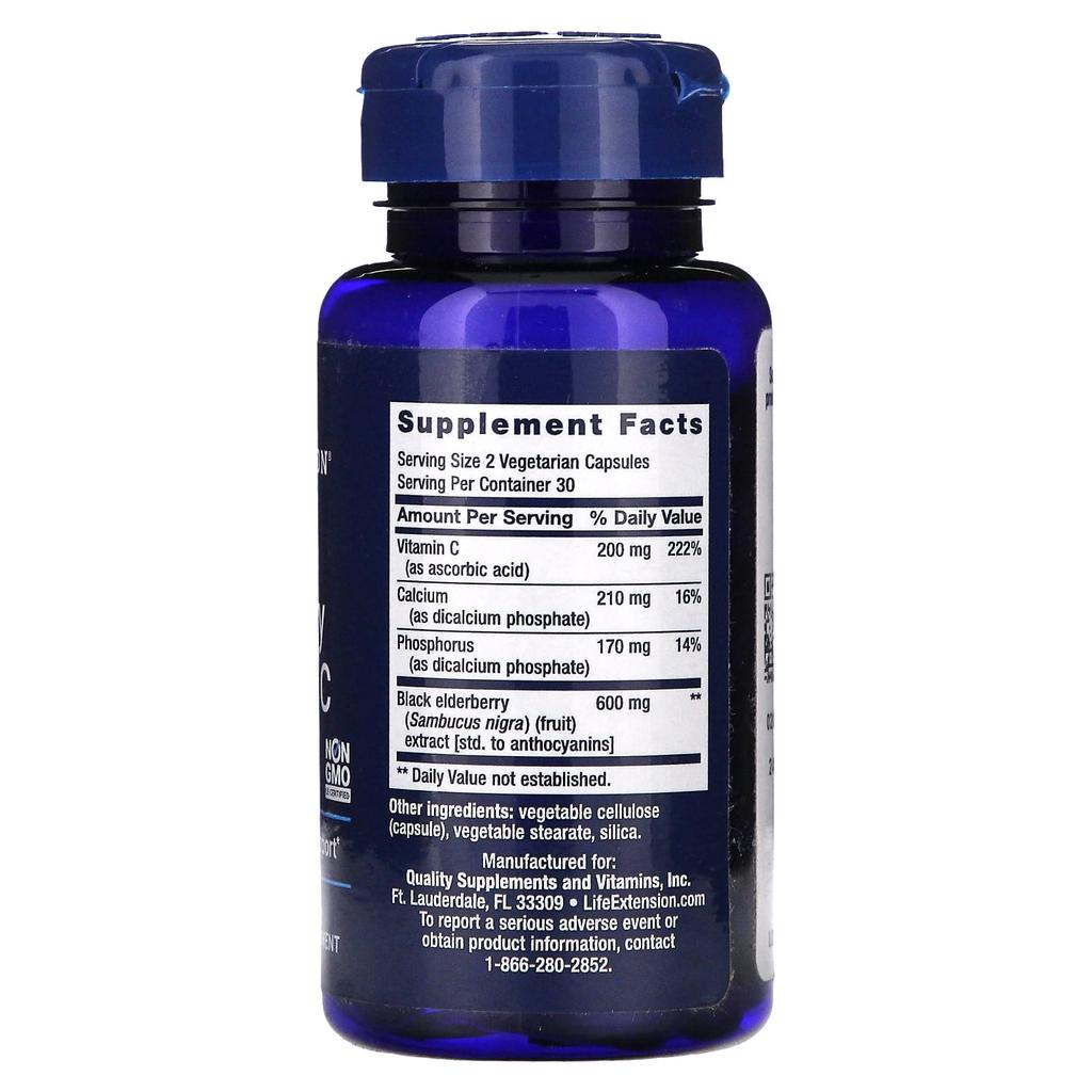 Life Extension, черная бузина + витамин С, 60 растительных капсул