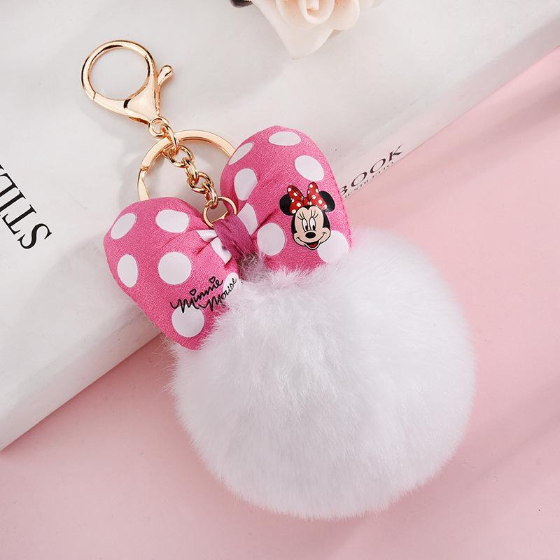 Minnie Plush Keychains Cartoon Polka Dot Bow Pom-Pom Key Ring Pendant Car Bag Ornament Girl Child Gift Toy