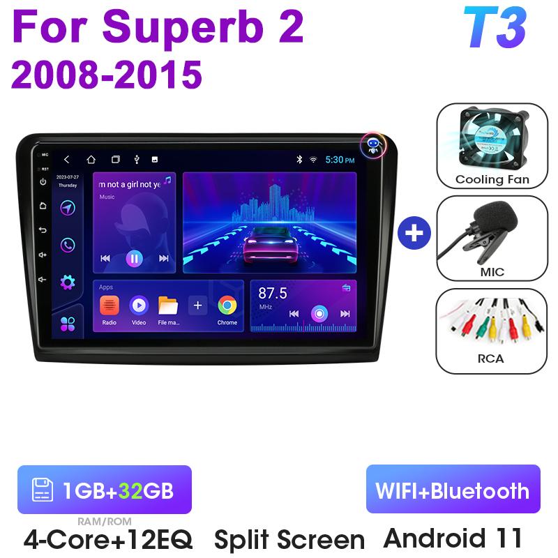 2 Din Android 12 Car Radio For Skoda Superb 2 B6 2008 - 2015 Multimedia Video Player GPS Carplay Auto Stereo RDS DVD Head Unit