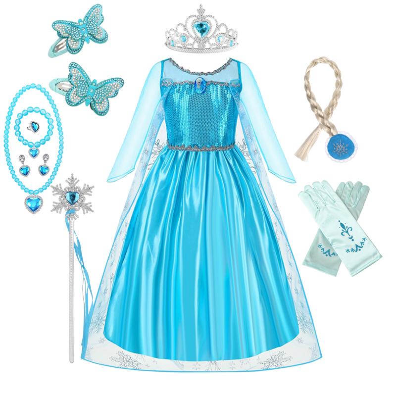 Girl Princess Dresses Long Sleeve Elsa Dress Kids Cosplay Snow Queen Costumes Carnival Birthday Party Gowns