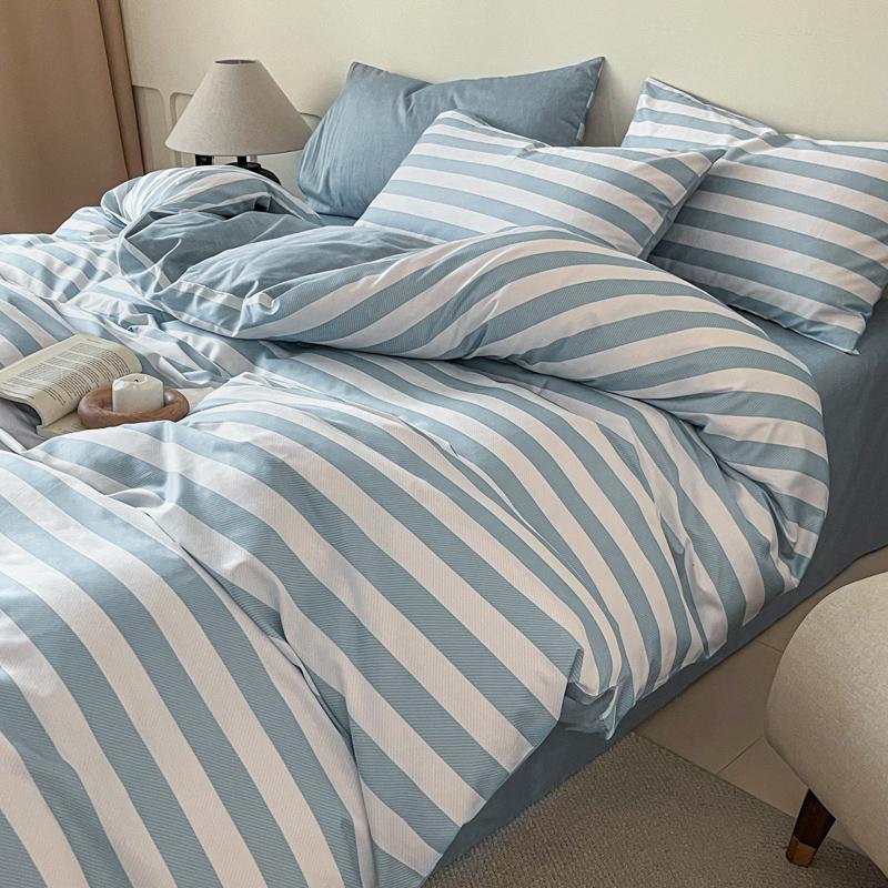 100% Cotton 3 Piece Bedding Set Soft Duvet Cover with 2 Pillowcases Solid Striped Checkered Print Skin Friendly