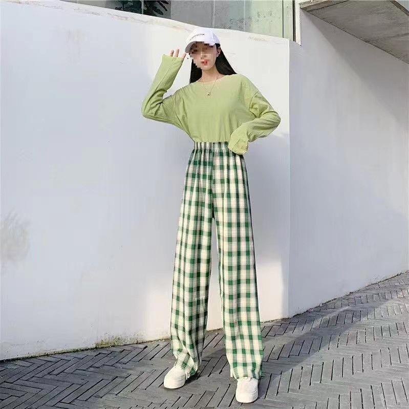 Women's High-Waisted Fleece-Lined Wool Plaid Wide-Leg Pants