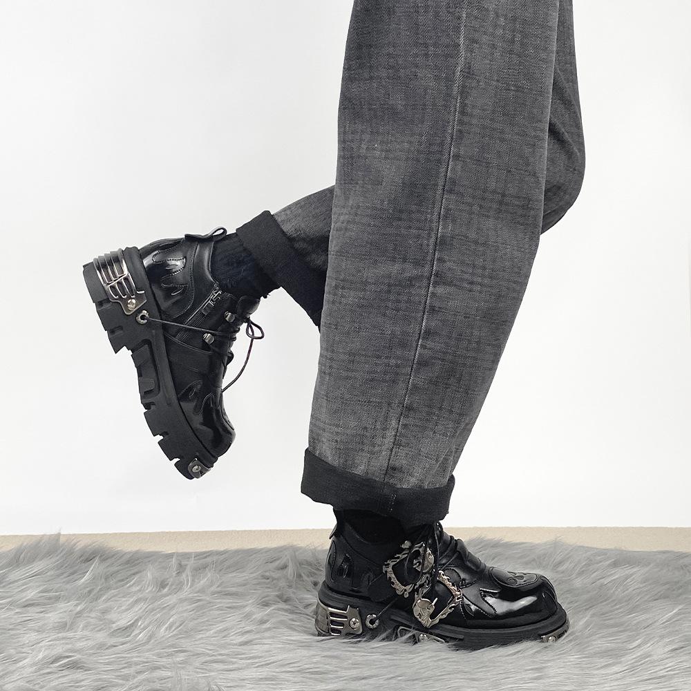 Retro Rock Shoes for Women New Dark Punk Leather Shoes Metal Niche Low Top Chunky Heels Women's Platform Motorcycle Short Boots