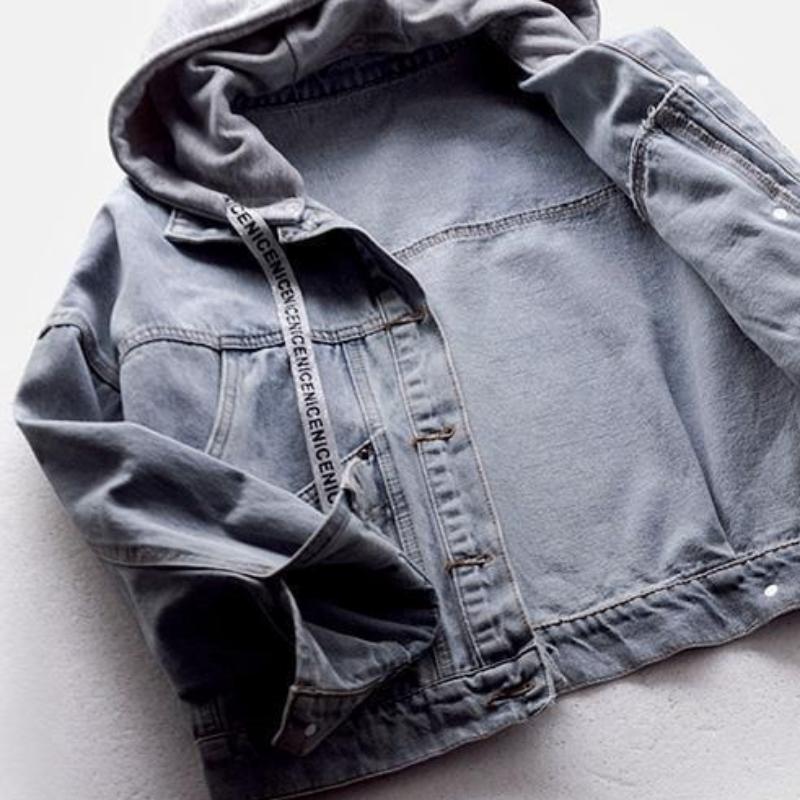 Denim Jacket Women Korean Style Loose Short Coat Long Sleeve Hooded Jacket Multi-Pockets All-match Tops