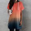 Women's Loose Shirts Printed Short Sleeve Drawstring Hoodies Knit Side Slit Tunic Hooded Tops With Pocket
