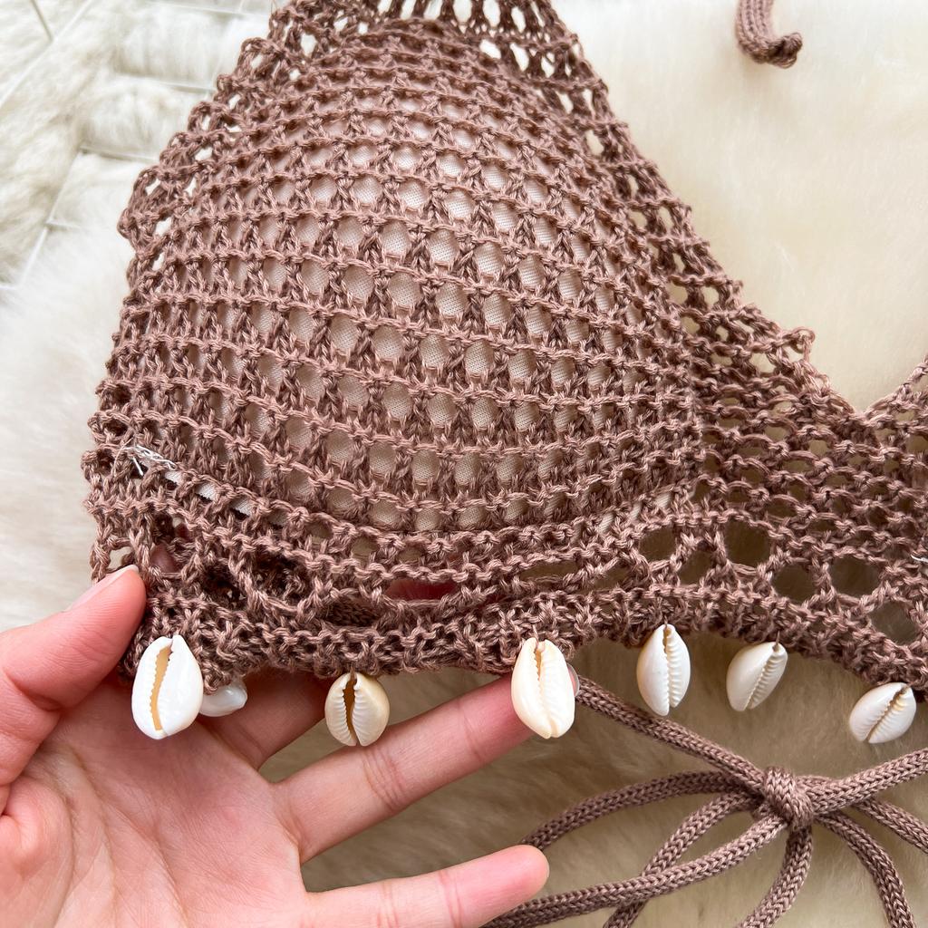 Summer Vacation Sexy Suits Strapless Halter Backless Bikini Set Drawstring Tassel Skirt Women Beach Knitted Fashion Two Pieces Suits