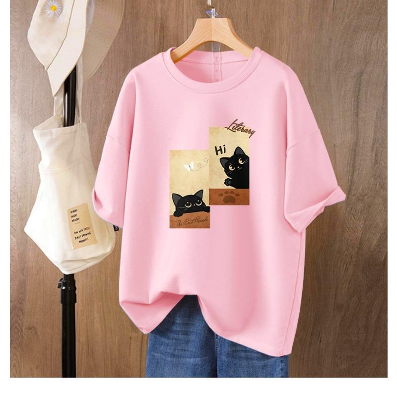 Pure Cotton Cat Printed Short-sleeved T-shirt for Women In Summer New Loose Large-size Half-sleeved Top
