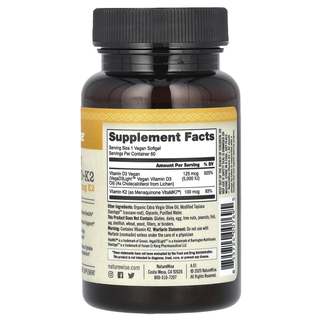 Vegan Vitamin D3 + K2, 60 Vegan Softgels