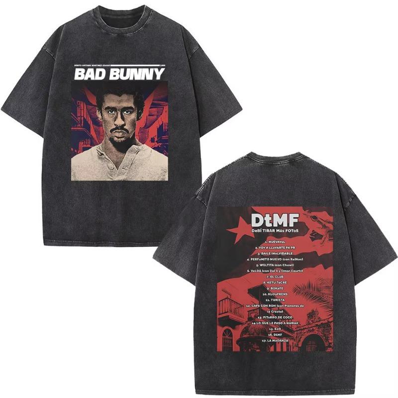 Rapper Bad Bunny Обложка альбома Постиранная винтажная футболка Debi Tirar Mas Fotos DTMF Футболки Мужская мода Хип-хоп Футболки с коротким рукавом