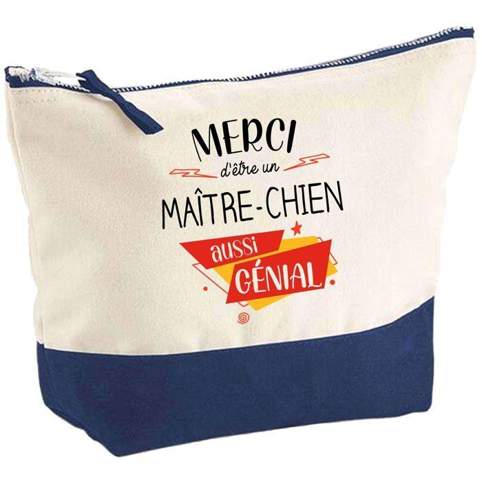 Trousse de maquillage - PLANETEE - Pochette fond bleu «Maître-Chien Merci Génial» - Grand format - Coton - Impression HD