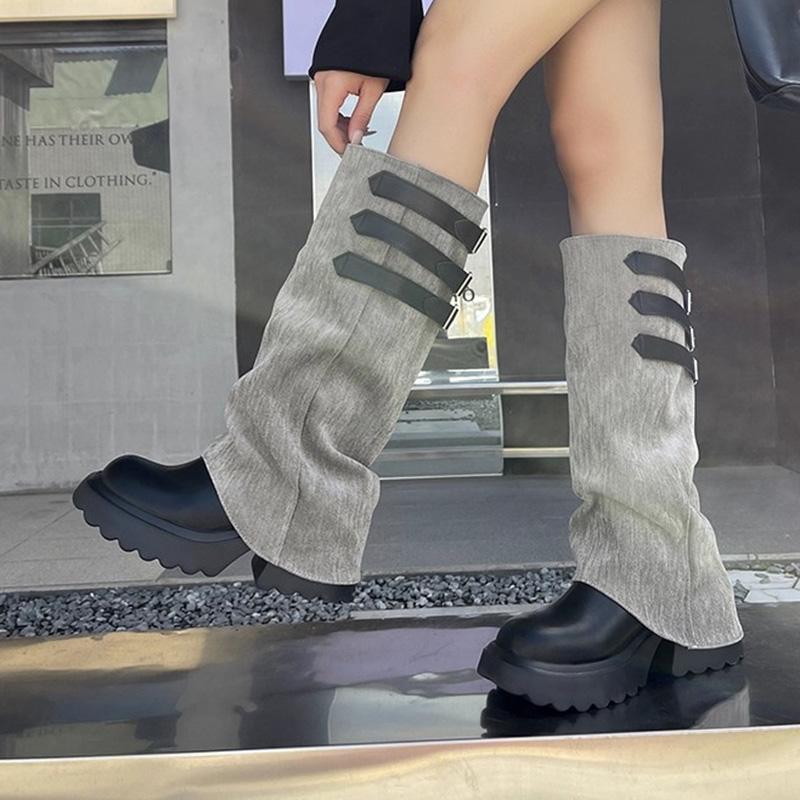 Ботильоны до колена из парусины в стиле пэчворк с пряжкой на ремне, женские, осень 2025, панк, массивная платформа, высокий каблук, ботильоны Y2K на толстой подошве