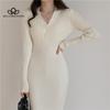 Винтажный вязаный свитер, платья с длинными рукавами, женские тонкие корейские элегантные платья-свитеры на пуговицах с v-образным вырезом