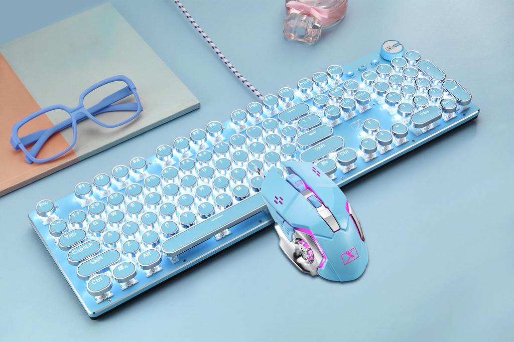 ZIYOU LANG Wired Punk Keyboard Mouse Set with Mechanical Keyboard Knob Retro Round Keycap Typewriter Blue Axis 104 Keys Full Key Wired Gaming Mouse