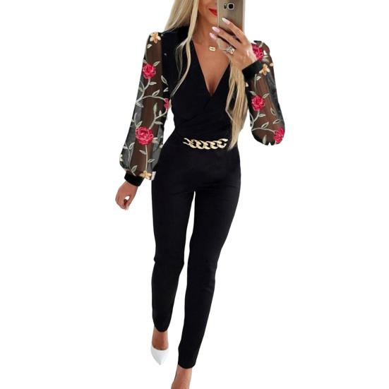 Женский комбинезон с аппликацией в виде розы, прозрачная сетка, декор в виде цепочки, приталенный, с V-образным вырезом, с высокой талией, однотонный