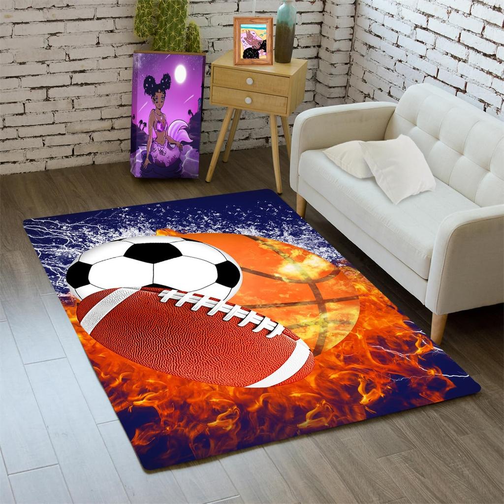 Basketball Rug for Boys Bedroom Kids Football Carpet Water Fire Sports Rugs for Boys Bedroom Baseball, Soccer Rug for Playroom