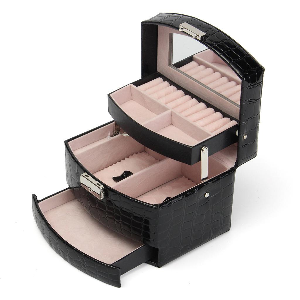 Новая кожаная шкатулка для драгоценностей, органайзер для ювелирных изделий для девочек, зеркальный мини-дорожный футляр, запираемый, черный