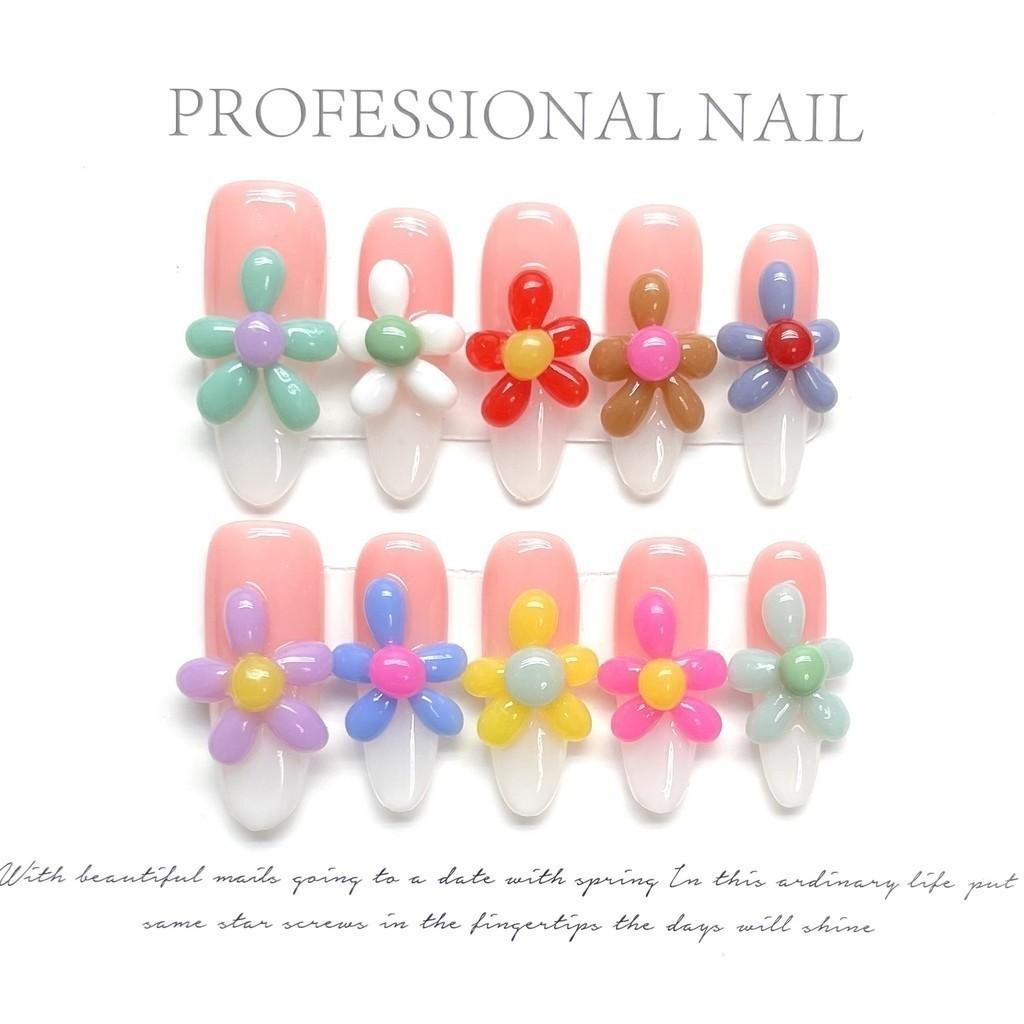 100% HANDMADE Press On Artificial Nail Long-Oval Shape Summer Lollipop Candy Cute Cartoon Phototherapy Nails Fake Nails Reusable