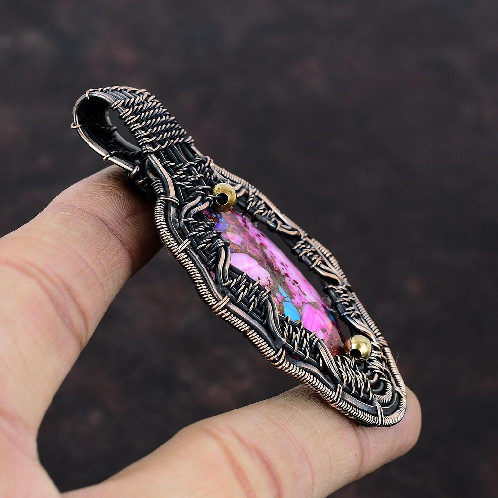 Натуральный Кингман Розовый Георгин Бирюзовый Кулон Медная Проволока Обернутый Кулон Драгоценный Камень Медные Украшения Ручной Работы Wire Wrap Украшения Подарок Для Женщин