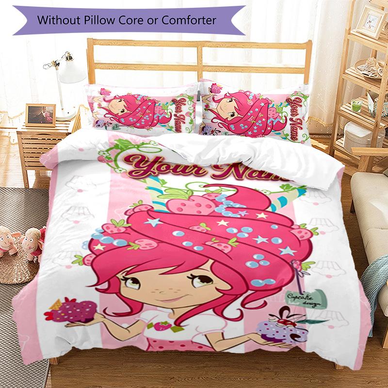 3pcs Princess Strawberry Cover Set - Personalized Name, HD Printed Bedding with 1 Cover and 2 Pillowcases - Perfect for Home Decor, Easy Care