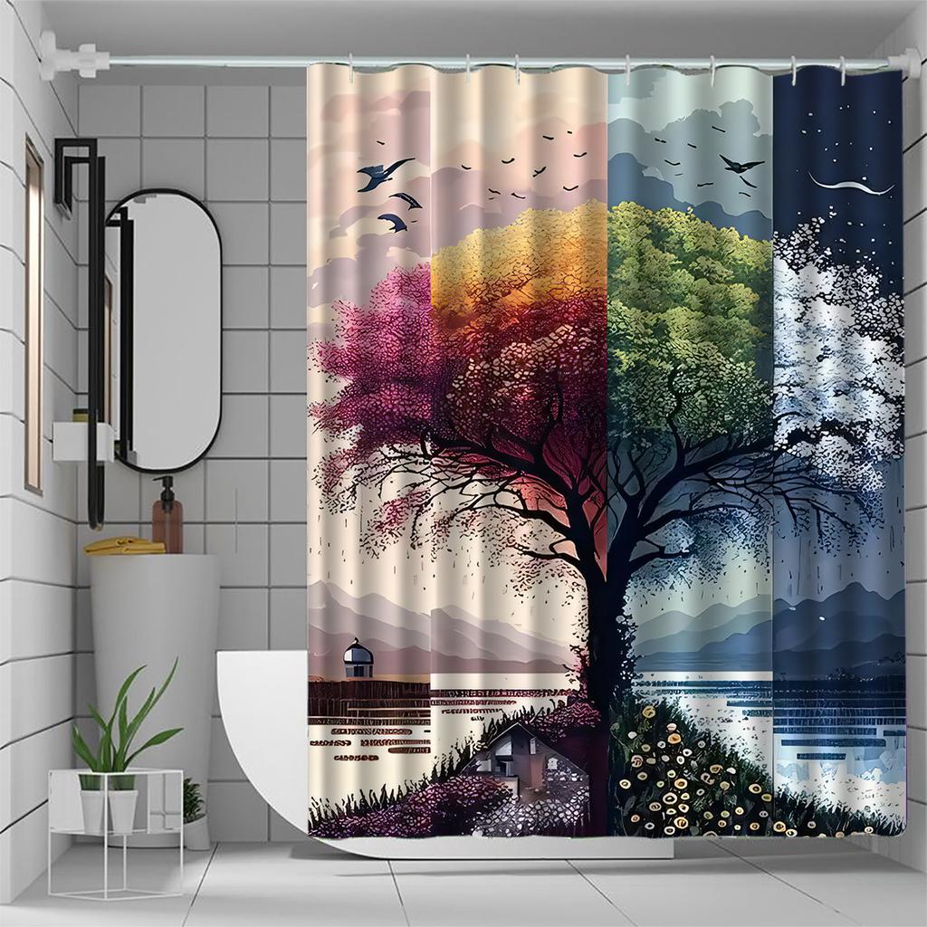 Four Seasons Tree Waterproof Mildew-Resistant Shower Curtain - Artistic Design for a Nature-Inspired Bathroom Décor Experience