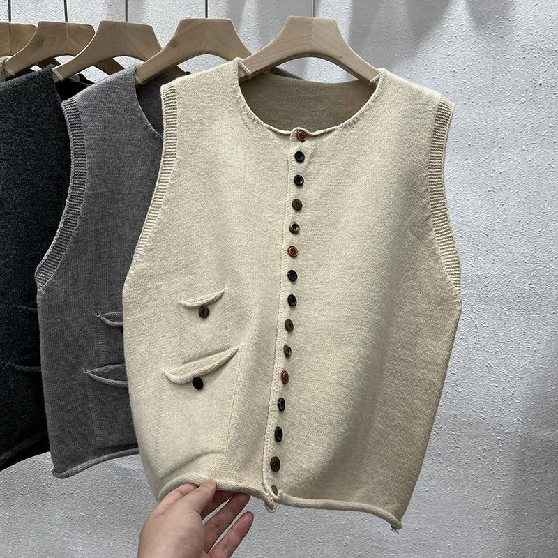 DIMANAF 2025 Осень Женский Жилет без рукавов на пуговицах Свитера Стиль Свободная Вязка Повседневный Свитер