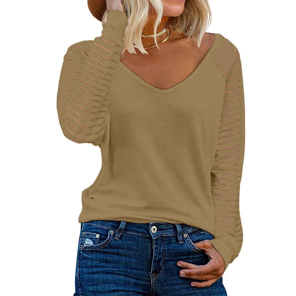 Женский топ с длинными рукавами в стиле пэчворк, повседневная свободная рубашка в полоску, однотонный топ с V-образным вырезом