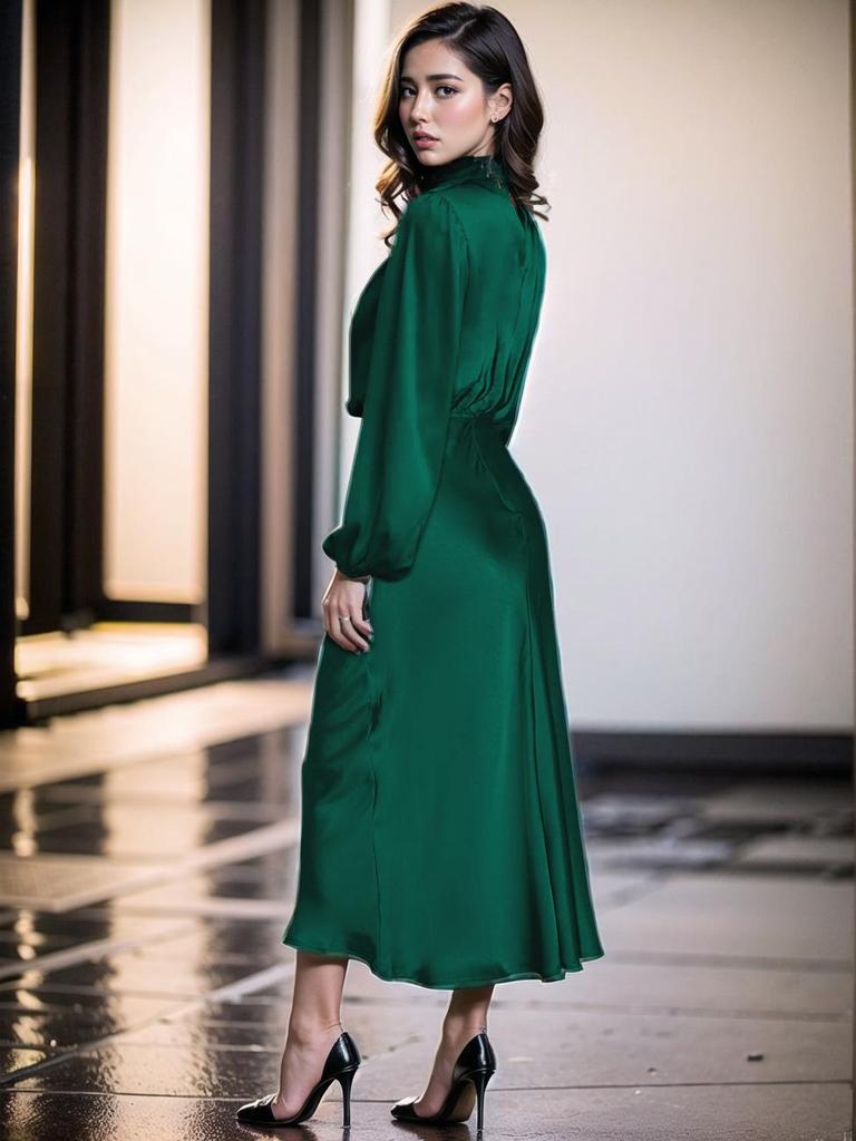 Elegant Women's 2025 Autumn Satin Long Sleeve Evening Dress