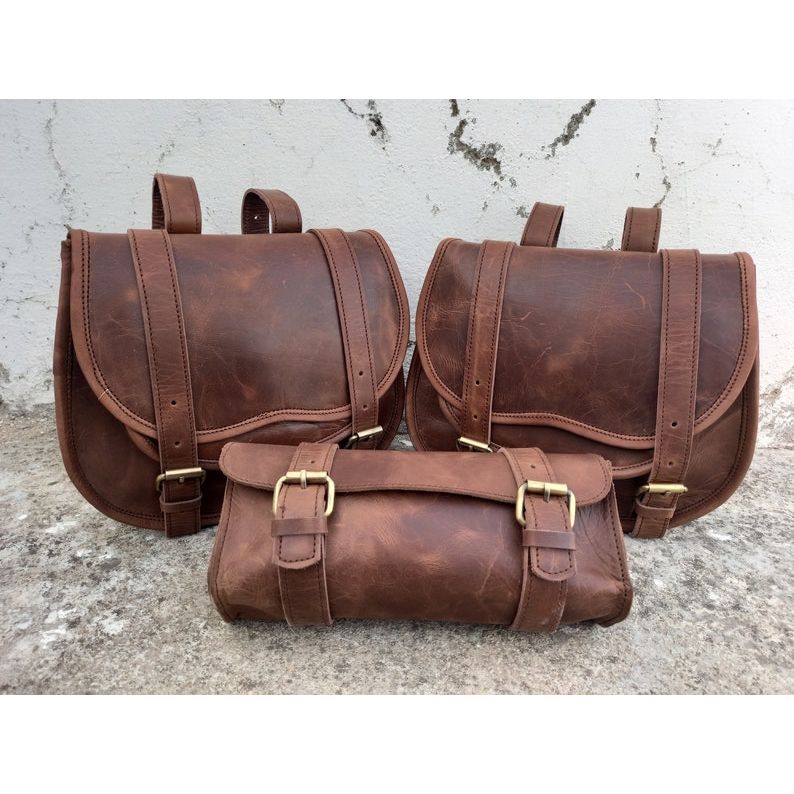 Leather Bag Saddle Motorcycle Pouch Brown Pannier 3 Saddlebag Bike Buffalo Leather Handmade Bag Set of 3 Motorcycle Bags