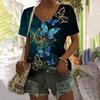 Women's V-neck T-shirt with Retro Color Butterfly Digital Print 3D Short Sleeved Tops Summer New Style