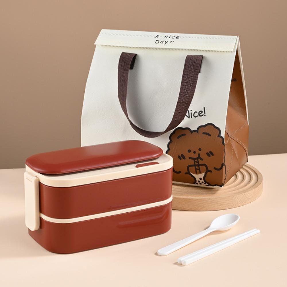2 Layer 304 Stainless Steel Lunch Box with Tableware and Storage Bag Divided Food Container Rectangular Microwavable Picnic Box
