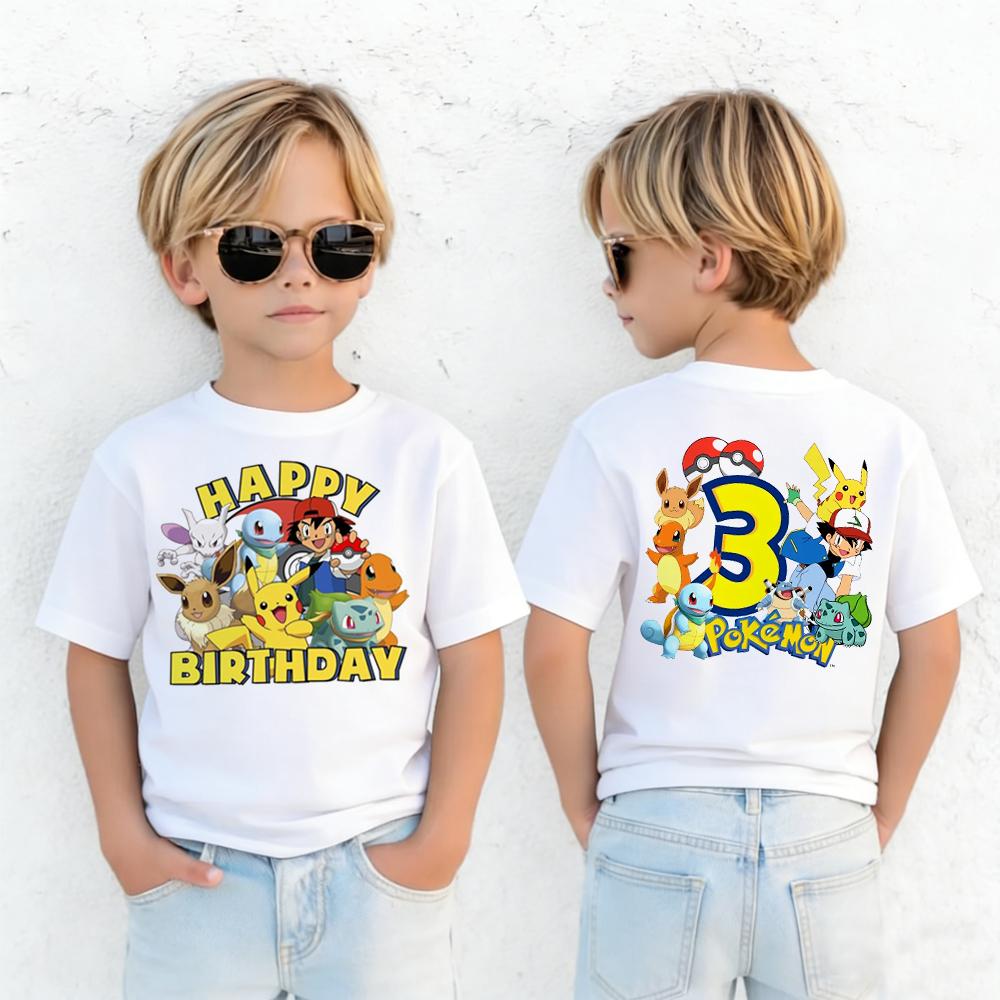 Cute Pikachu Pokémon Birthday Printed Tshirt Unisex Kids 214 Years Old Summer Y2K Harajuku Loose Casual Short Sleeve Top