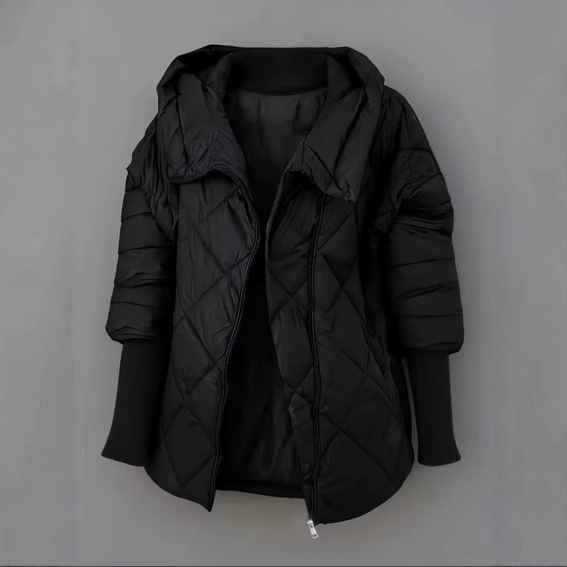 Womens Loose Fit Hooded Cotton Puffer Jacket Ribbed Cuffs Winter Casual Everyday Wear Slim Look