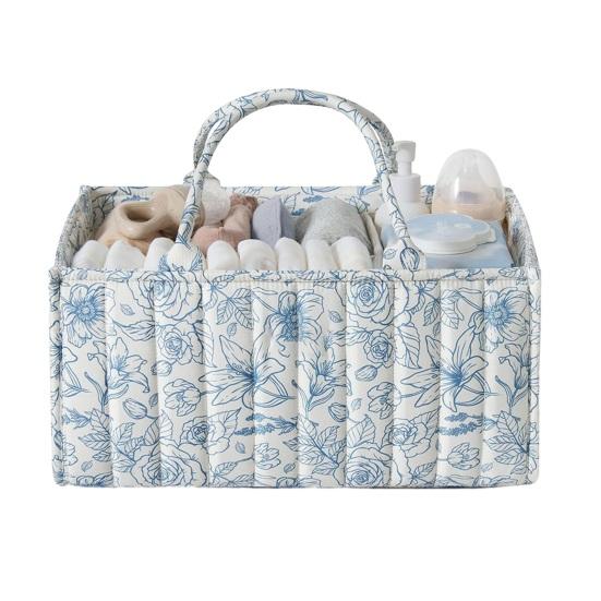 Цветочная стеганая сумка для подгузников Тканевая корзина для хранения Цветочный органайзер для детских подгузников с ручками и съемными перегородками для детской комнаты, автомобиля, спальни