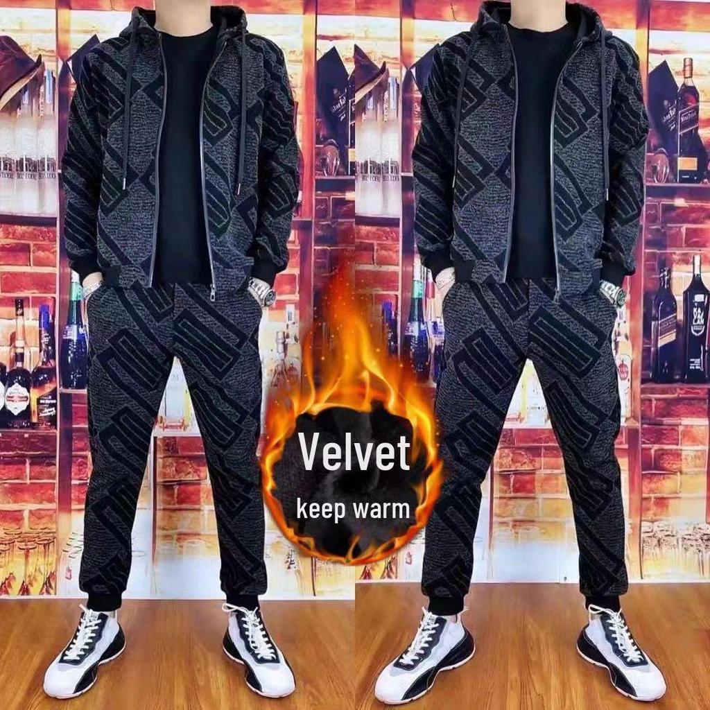 Men's Two-Piece Hooded Sportswear Set: Autumn/Winter, Spliced Design, Casual, Comfortable, Long-Sleeved with Trousers