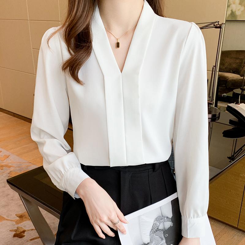 Long Sleeve V-Neck Office Lady White Chiffon Blouse Shirt Women Tops J211