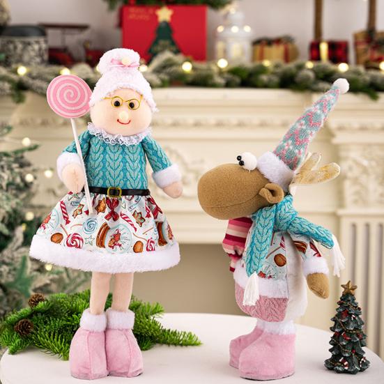 Pink Plush Christmas Doll Retractable Standing Snowman Santa Reindeer Grandma Dolls for Bedroom Home Window Desktop Decoration