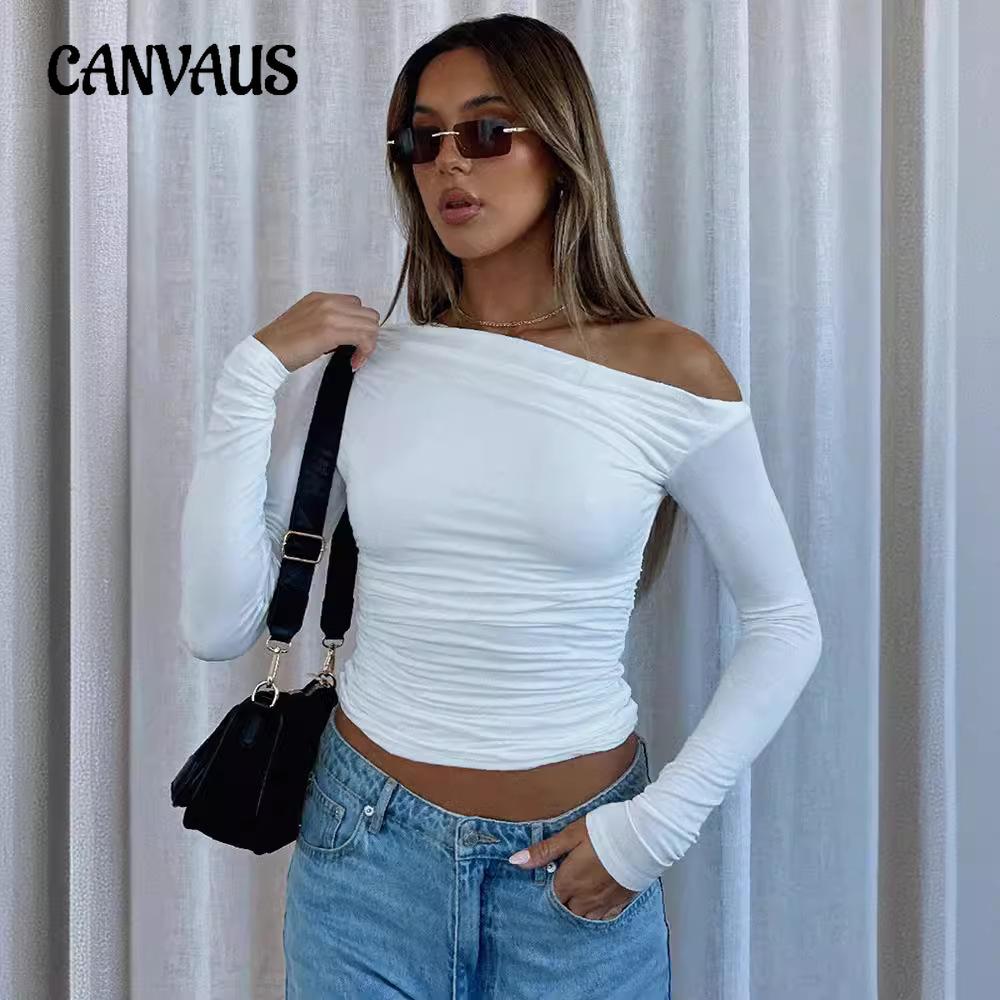 Women's Blouse Spring and Autumn Slant Shoulder Asymmetric Solid Colour Navel Blouse Long-sleeved Sexy Slim Temperament T-shirt