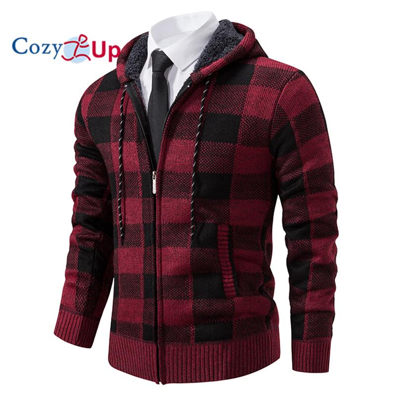 Cozy Up Мужской свитер, пальто, осень-зима, толстый, теплый, с капюшоном, клетчатый шерстяной свитер, кардиган, флисовое пальто на молнии, мужское пальто