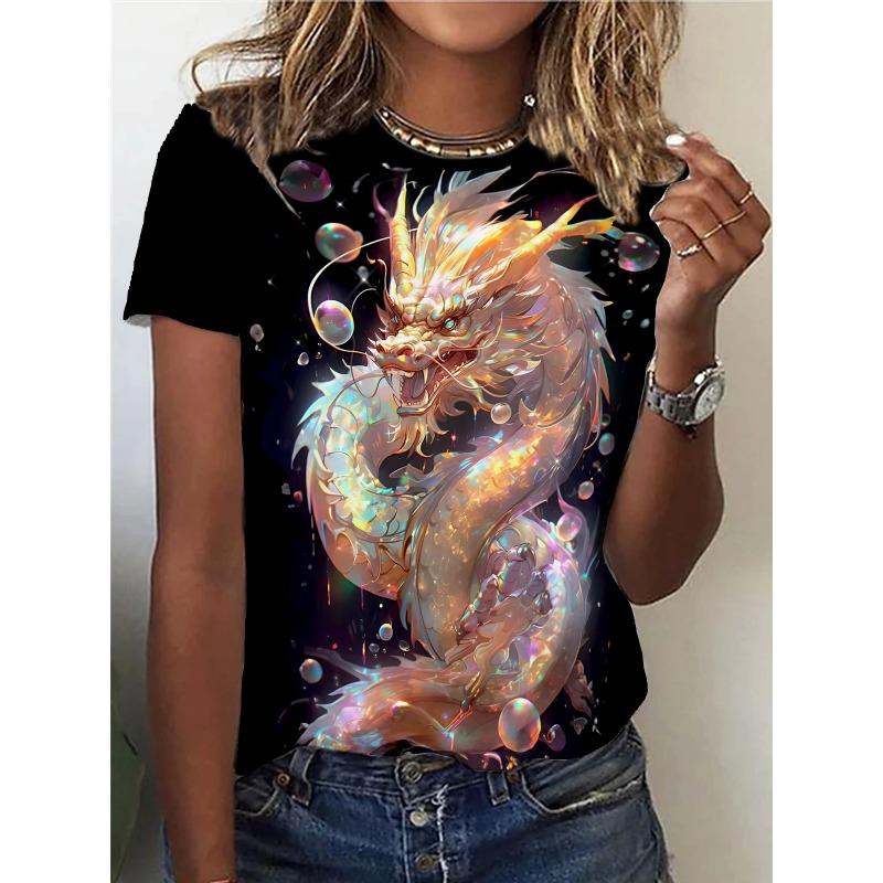 Summer Round Neck 3D Phoenix Dragon Pattern Printed Top Fashionable Casual Short Sleeved Women's T-shirt