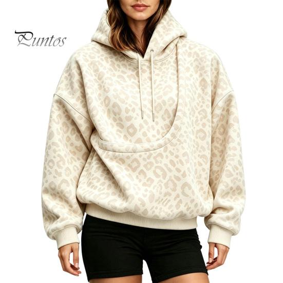 Leopard Print Hoodie Pet Carrier for Women, Oversized Hooded Sweatshirt Dog Women & Cat Carrying, Long Sleeve Pullover Top with Kangaroo Pocket Hands