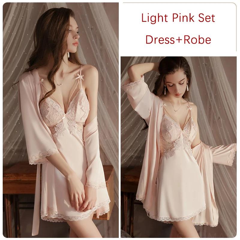 Silk Pajamas Women's Nightgown Set Slip Dress with Push Up Bra Sexy Women's Pajamas