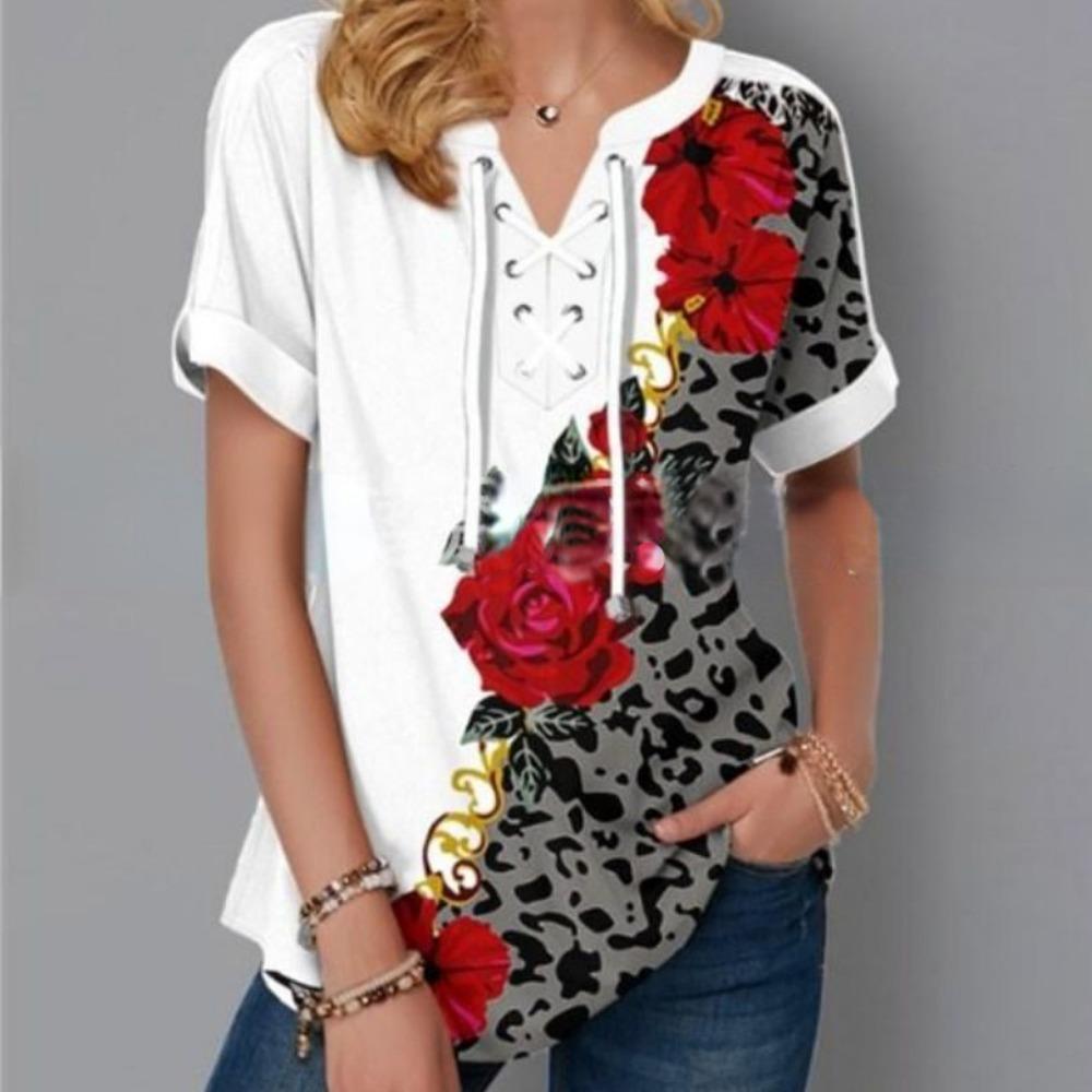 Женская футболка с цветочным принтом и коротким рукавом, повязка с крестом и v-образным вырезом, свободная футболка, женские топы больших размеров, летние футболки, одежда