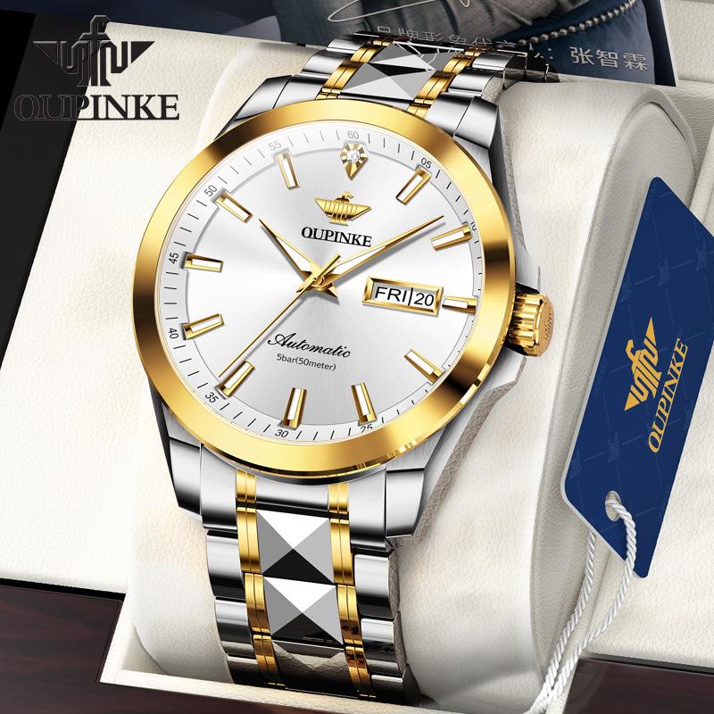 OUPINKE Мужские часы с двойным календарем, автоматические механические часы, водонепроницаемые высококачественные часы с бриллиантами