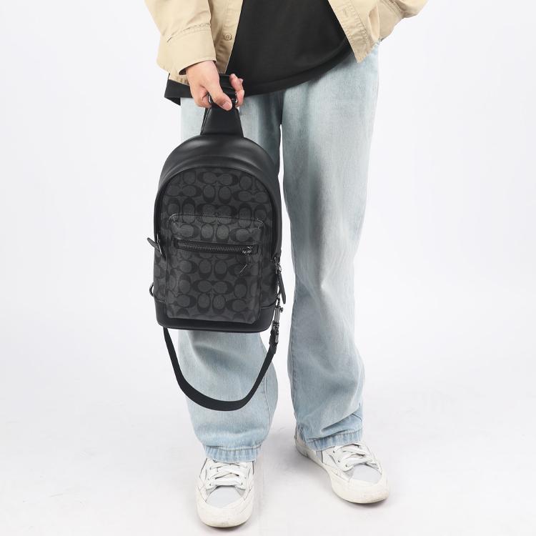 Coach West 20 Классический Логотип Многофункциональная Карманная Сумка-Кроссбоди из Покрытого Холста и Кожи Мужская Сумка-Кроссбоди Черная 2853-QBAF4